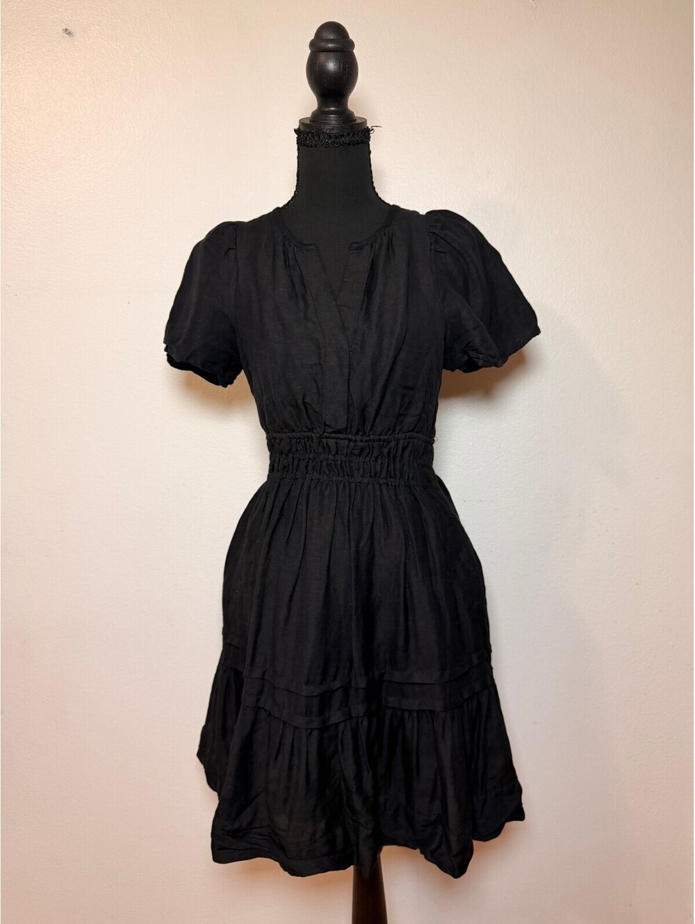 Anthropologie Black Linen Smocked Mini Dress XXS Puff Sleeve Tiered